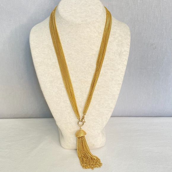 Sarah Coventry Opera Necklace Gold Tone Layered Cable Chains With Tassel - Picture 1 of 12